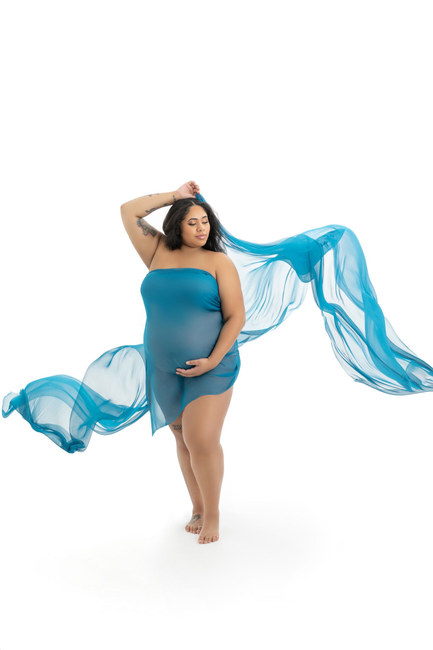 Modern Maternity Photoshoot vertical blue dress minimalist